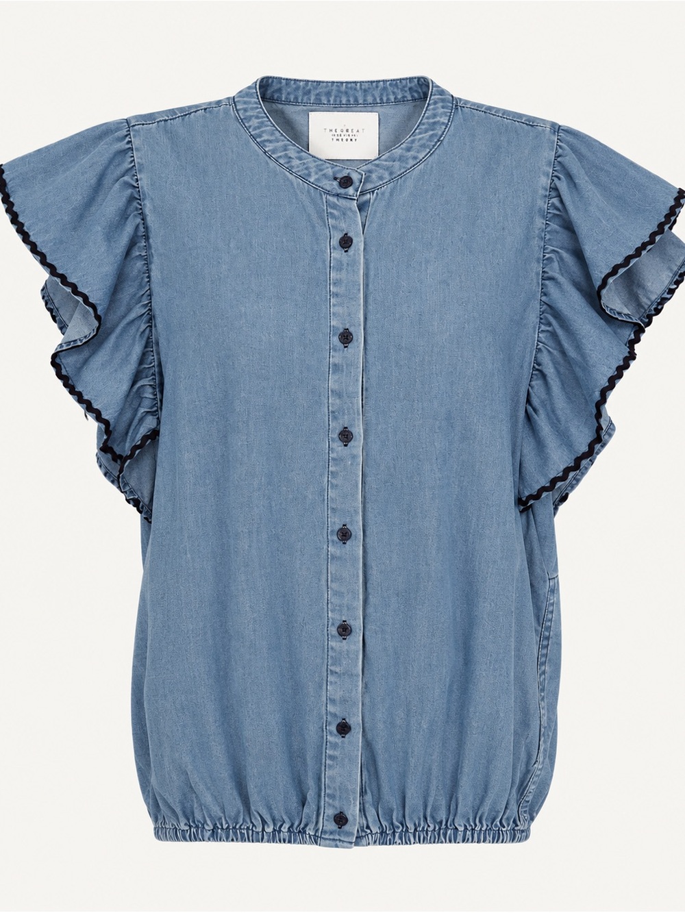 THE SHIRT Rochelle Behrens
Women's Sleeveless Blouse Denim Chambray & Ruffle